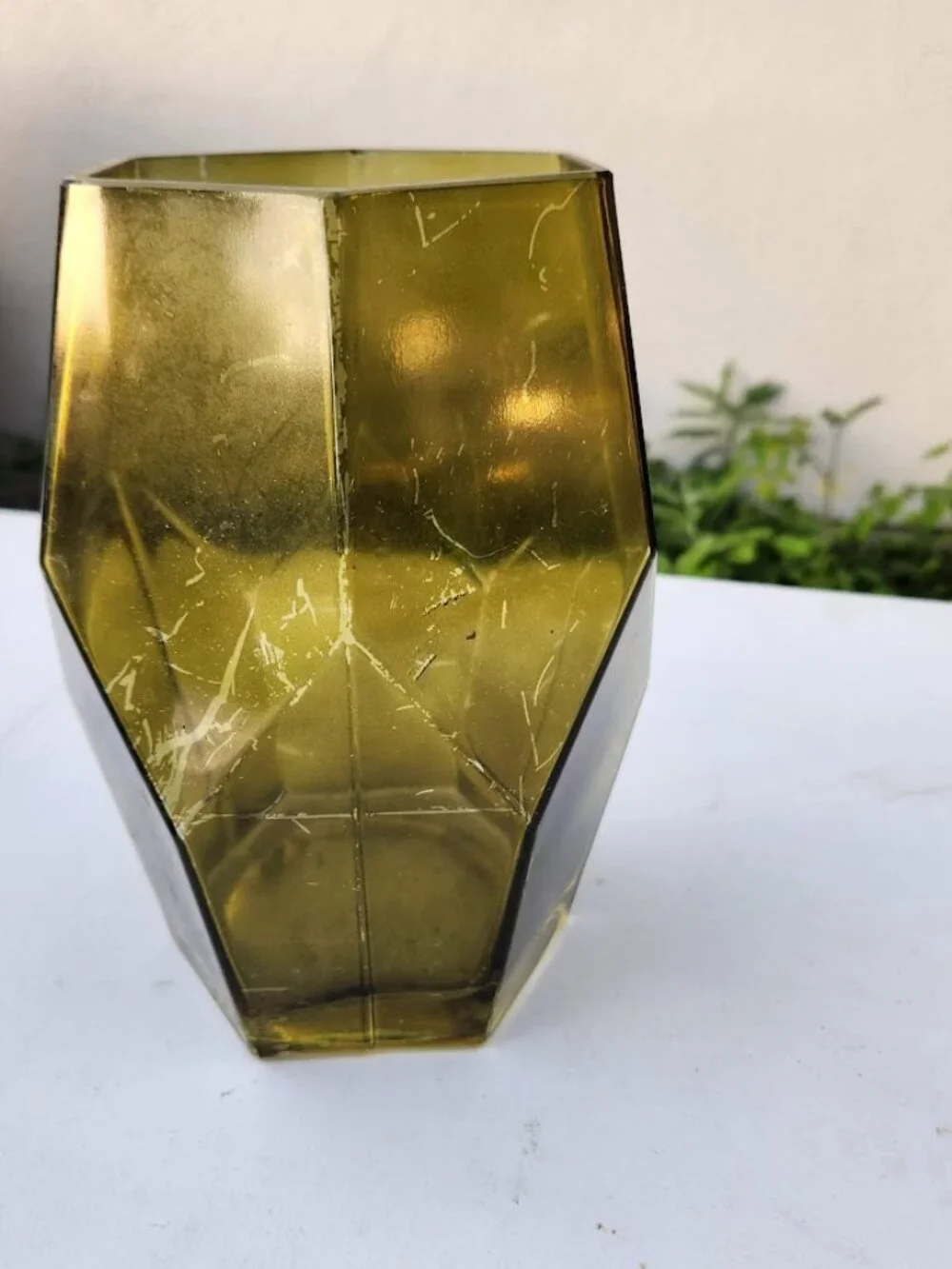 Beautiful Vintage Green Hexagon Vase Terrarium Decor Mid Century Modern Glass Ru